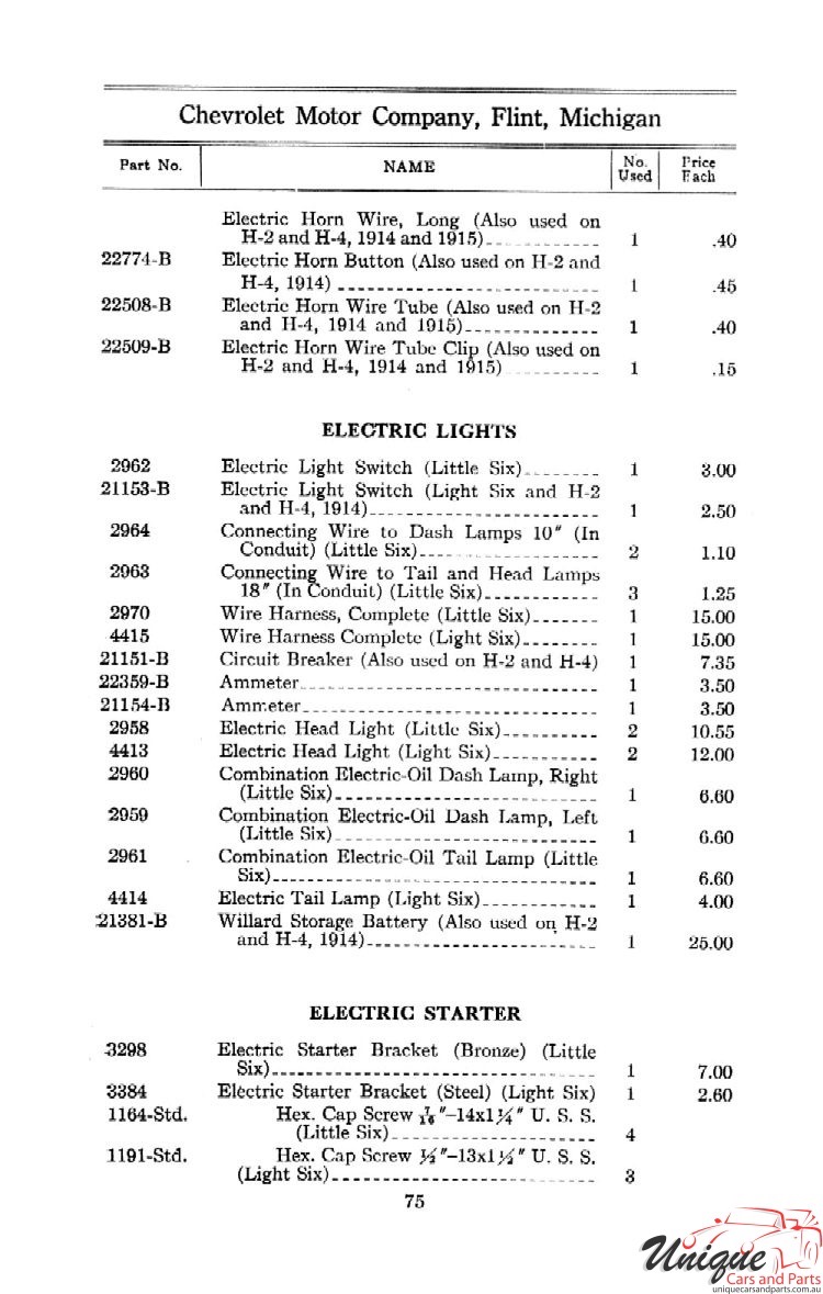 1912 Chevrolet Light and Little Six Parts Price List Page 47